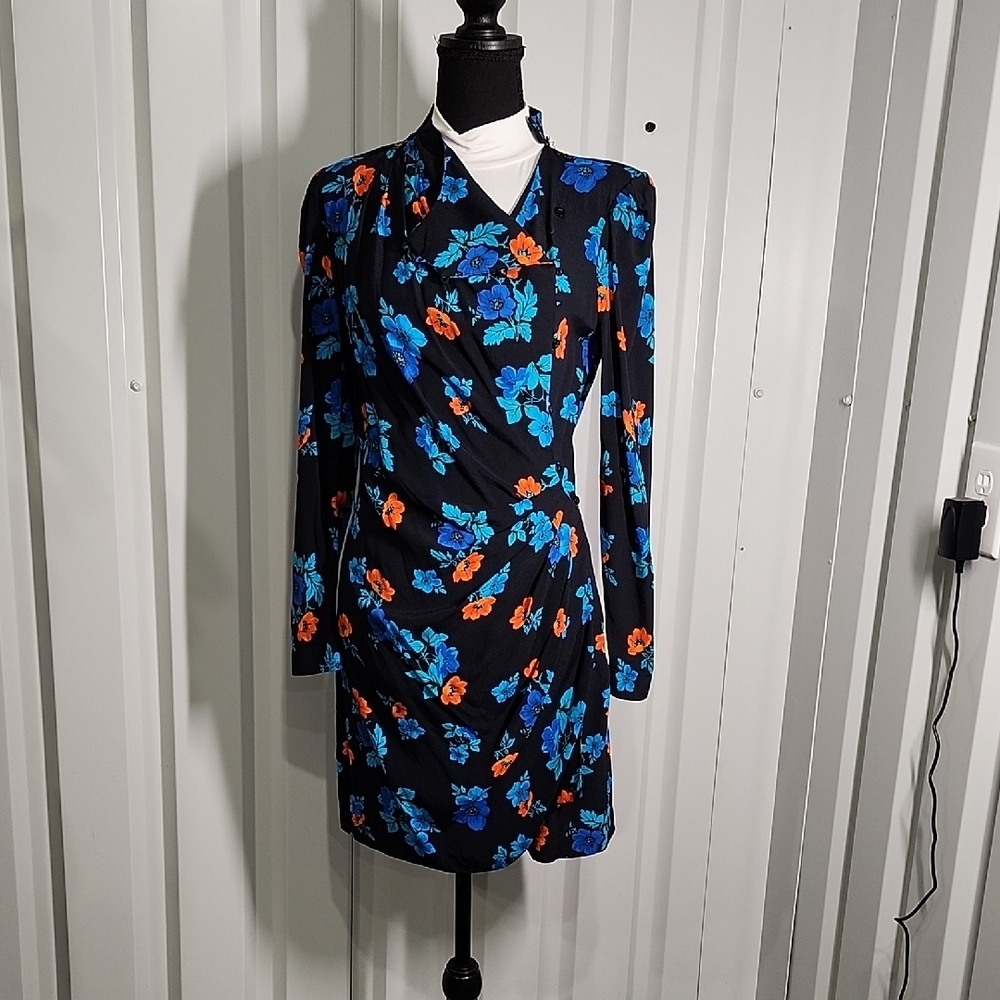 Maje Ripta Floral Print Ruched Mini Dress Black, Blue, Orange Size 3 Large EUC